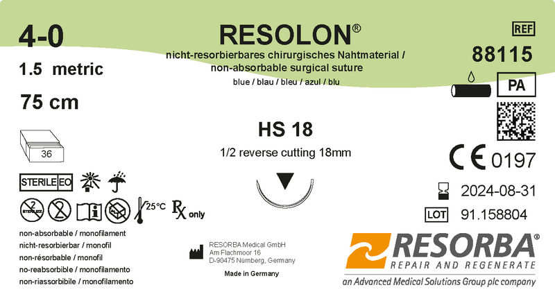Резолон USP3-0 синій, довжина 45см, зворотньо-ріжуча голка 22мм, 1/2 кола